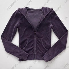 Cyflymder  Dark Purple Velvet Zip‑Up Hoodie Jacket Long Sleeve Kangaroo Pocket Y2K Casual Slim Fit Hooded Sweatshirt Women Fall Outerwear