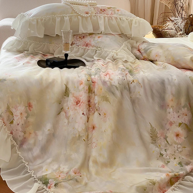 Cyflymder  Flower Prints Lace Ruffles Princess Bedding Set Lyocell Bamboo Fiber Soft Silky Cool Feeling Duvet Cover Bed Sheet Pillowcases