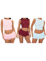 Cyflymder  Women s Sleeveless Lace Tank Top and Tiered Shorts Lounge Set with O Neck - 2 Piece Outfit