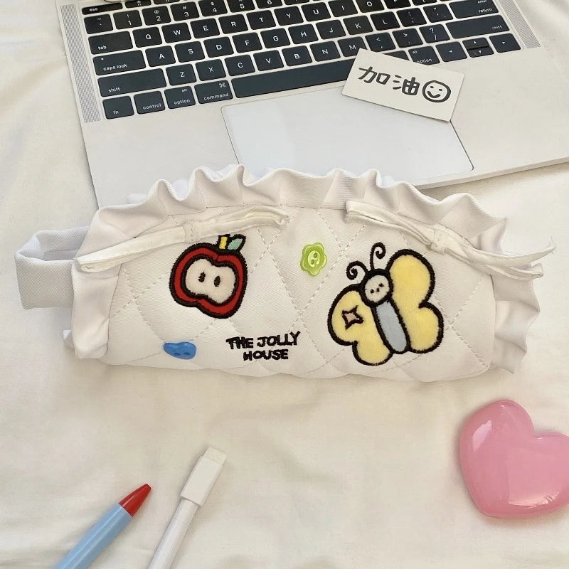 Cyflymder  Korean Fashion Ruffle Pencil Case for Kids Girl Sweet Cartoon Bunny Kitten Stationery Organizer Kawaii Pen Pouch Back To School