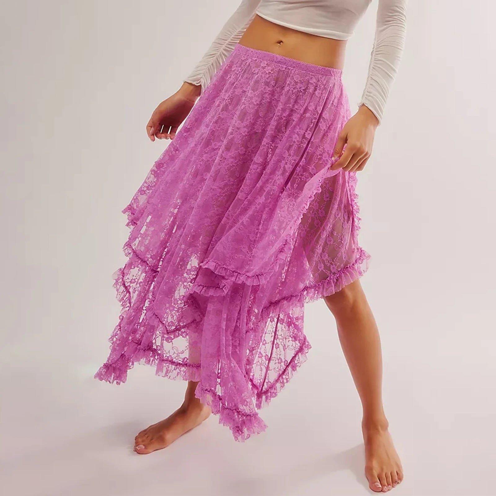 Cyflymder  Women's Solid Color Midi Skirts Lace Elastic High Waist Skirts Spring Summer Sweet Irregular Hem Casual Skirts