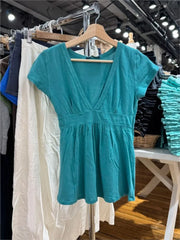 Cyflymder  Turquoise Deep V-neck Fold T-shirts Women Casual Cotton Short Sleeve Slim Tee Shirts Vintage Simple All-match Long Tshirt Y2K