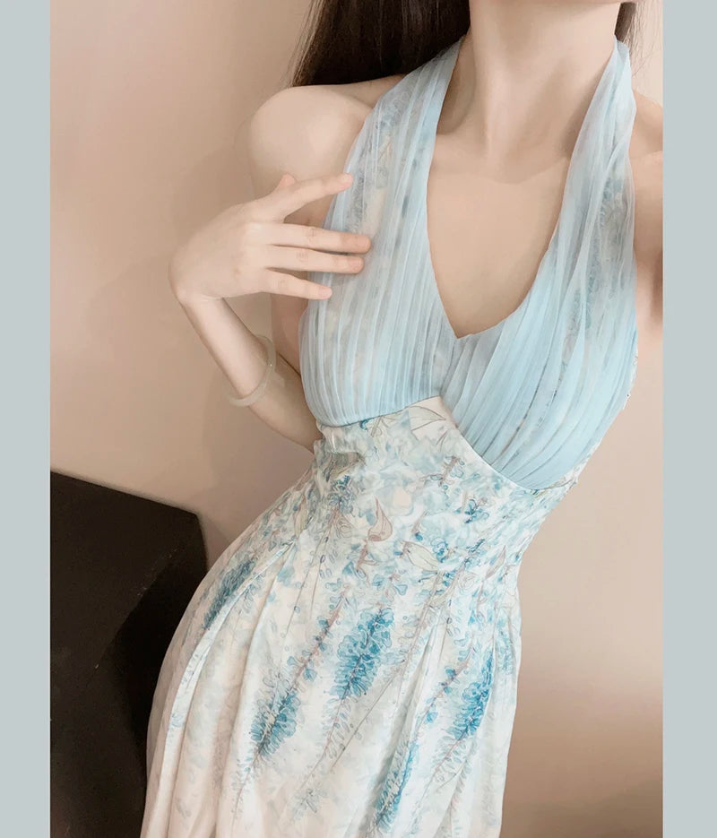 Cyflymder  Floral Sexy Halter Beach Dress Women Elegant Slim Sweet Sleeveless Vintage Long Dress Casual Retro Mesh Patchwork Vestidos
