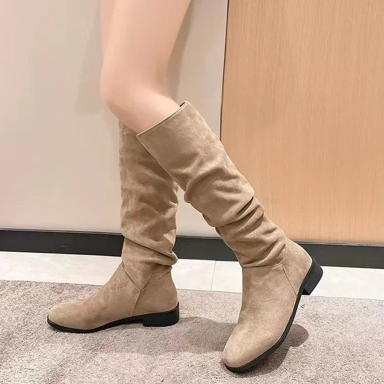 Cyflymder Winter new women's boots: low-heeled nude pleated suede high boots, black long boots, large-sized round-toe fashionable boots