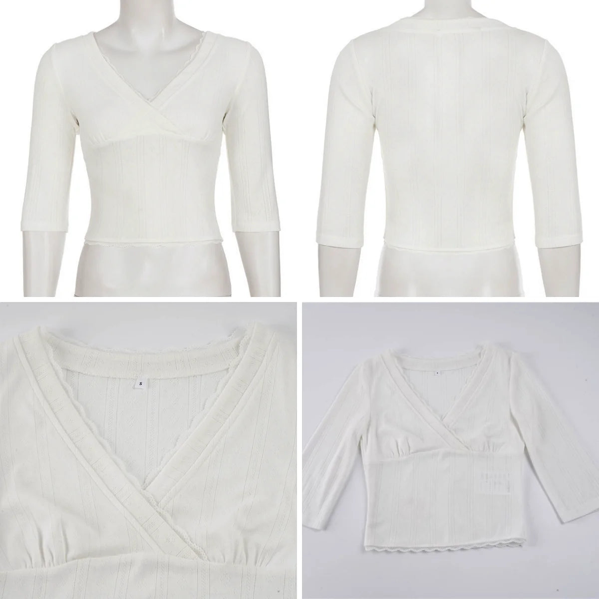 Cyflymder  Women Knit Lace Hem Patchwork Top Cross V Neck Slim Mid Sleeve Elegant Sexy Chic Casual Streetwear Tee Date Outfit 2026