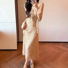 Cyflymder  French Style V-Neck Fashionable Drawstring Dresses Spring Summer Elegant Bow Women's Clothing Lace Aura Slim Bag Hip Long Dress