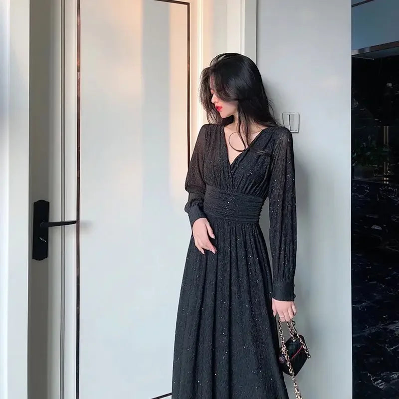 Cyflymder  Autumn Long Sleeved Dress for Women Spring Korean Trendy Slim Fit Slim Shiny V-neck Waist Cinched Light Mature Style Sexy Dress