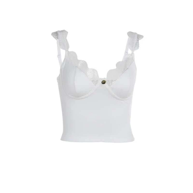 Cyflymder  Chic Sexy Eyelash Lace Trim Straps Low-cut V Neck Slim Fit Fashion Women Casual Solid Color Perspective Tank Top Vests