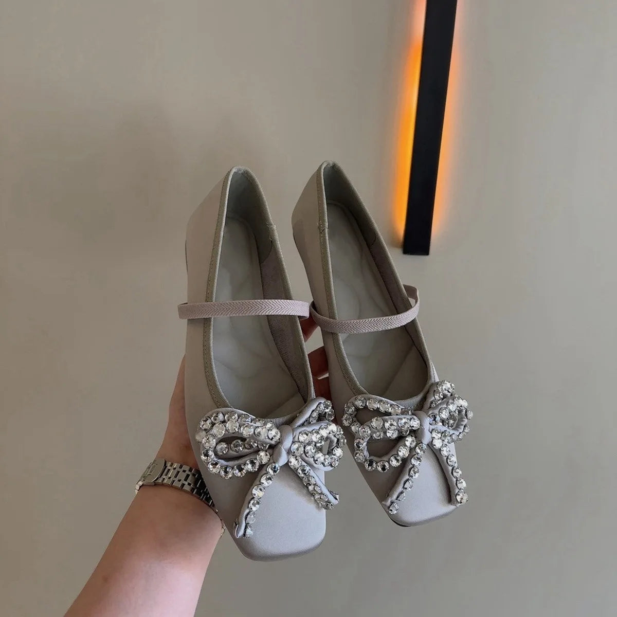 Cyflymder  French Rhinestone Bow Square Head Satin Single Shoes Women's 2025 New Versatile One-word Belt Ballet Shoes