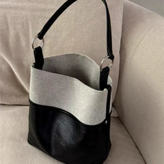 Cyflymder  Minimalist Design Black Tote Bag Women Linen Leather Patchwork Large Capacity Bucket Bag Ladies Versatile Commuter Shoulder Bags