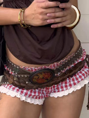 Cyflymder  Sweet Plaid Lace Trim Low-Waisted Shorts Slim Patchwork Low-Waisted Shirts Women Summer Fashion Streetwear Ladies