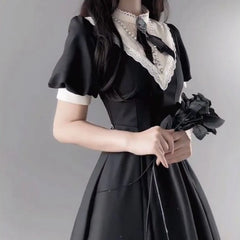 Cyflymder  Elegant Spliced O Neck Short Sleeve A-line Long Dress Y2k Euramerican High Street Gothic Women Dress Vintage Lolita Punk Clothes