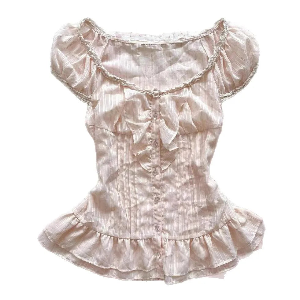 Cyflymder  American Sweet Slim Spliced Lace O Neck Short Sleeve Blouse All Match High Street Y2k Buttons Clothes Summer Punk Draped Tops