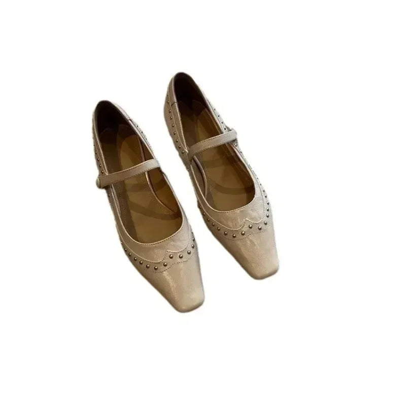 Cyflymder  Low Heels Shoes Woman Flats Shallow Mouth Rivets Studs Female Moccasin Dress Retro Genuine Leather Rubber   Janes