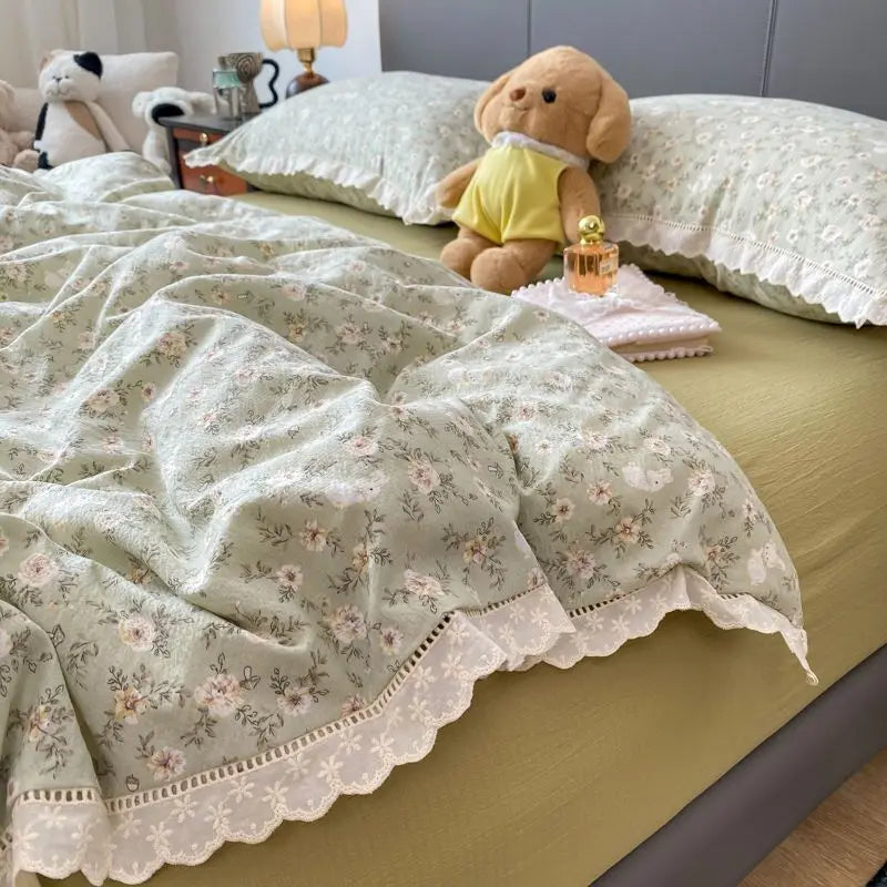 Cyflymder  INS French Lace Trim Bowknot Double Layer Gauze Quilt Cover Four-Piece Set Simple Bed Sheet Fitted Sheet Dormitory Three-Piece