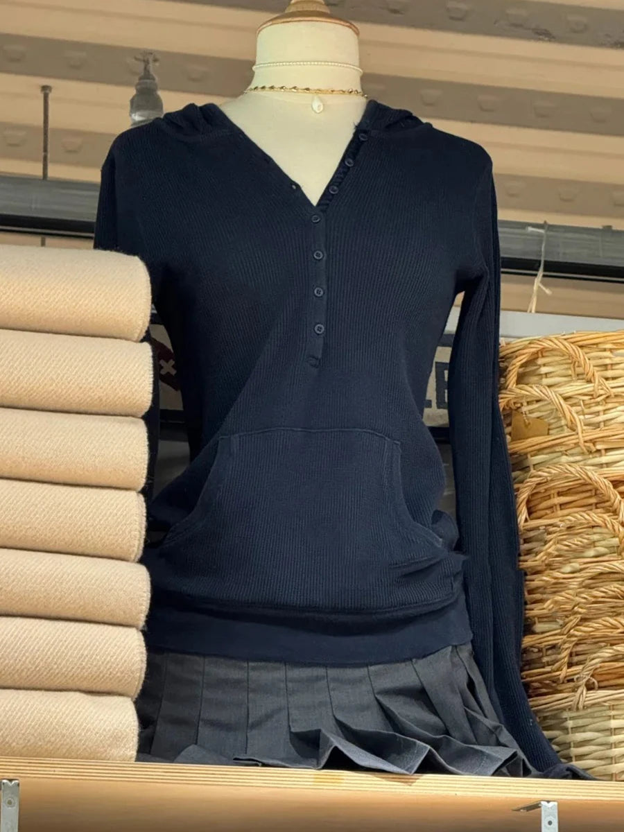 Cyflymder  Gray Striped Waffle Hooded T-shirt Women Five  Button CottonSlim Long Sleeve Tee Shirt Casual Preppy Style Vintage Tshirt Y2k