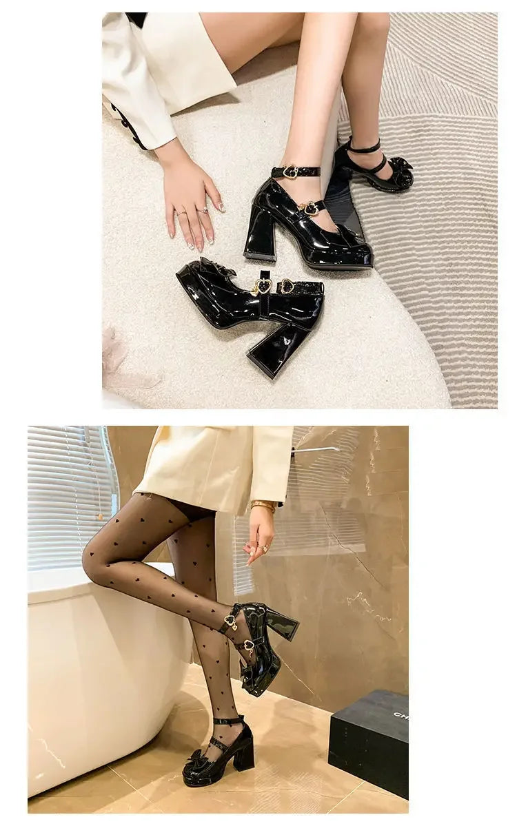 Cyflymder Punk Heart Buckle High Heels Pumps Women Autumn Y2K Black Chunky Platform Lolita Shoes Woman Bowtie Thick Heel Gothic Shoes