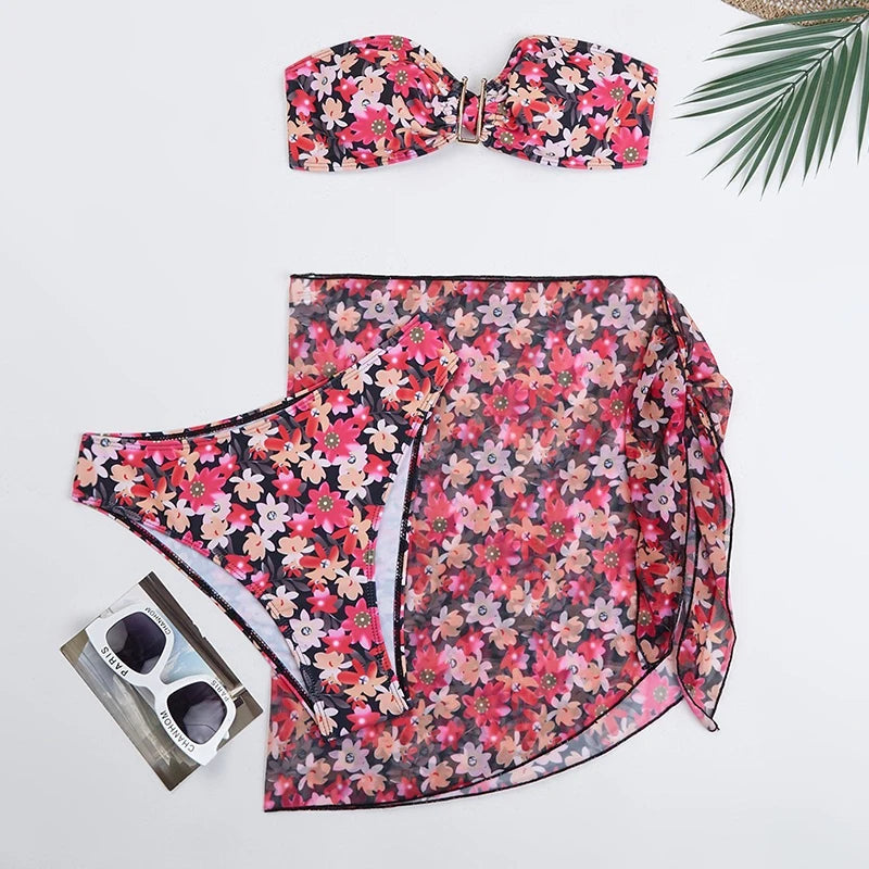 Cyflymder  Printing Split Bikini Set Women Swimsuit Metal U-shaped Decoration Bandage G-string Bikini Cover Ups Sexy 3 Piece Sets Beachwear