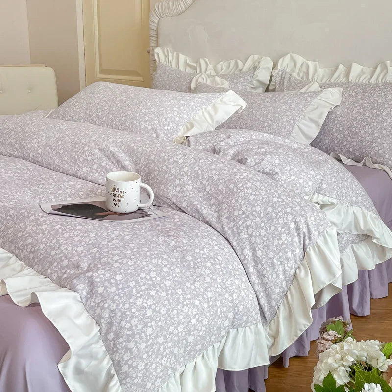 Cyflymder Princess Style Lace Bed Skirt Four Piece Set Small Floral Print Soft Bedding Set Cotton Fabric Skin Friendly Nude Sleeping Sheet