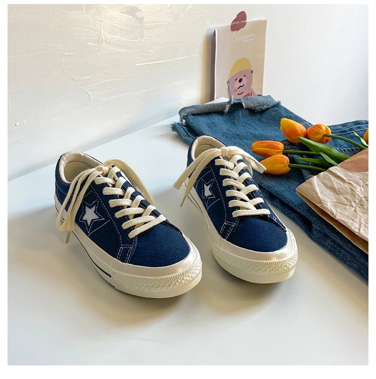 Cyflymder  Retro Star Canvas oes Women's Versatile Little Dir oes INS Skateboard oes Hong Kong Sle Ulzzang Trendy Student Whit...