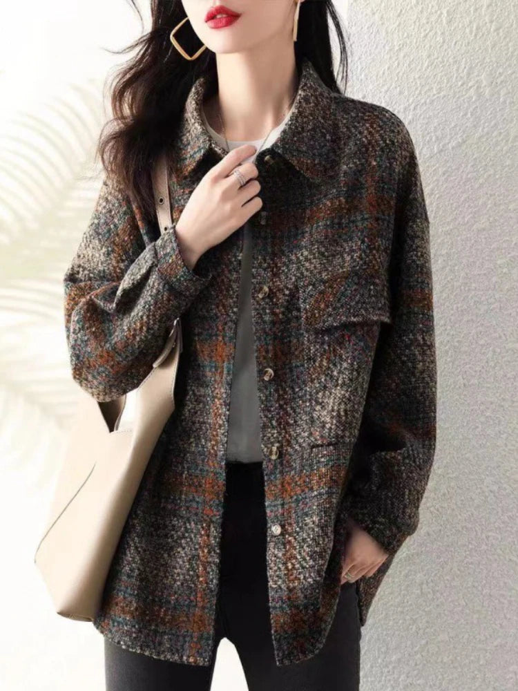 Cyflymder Korean Autumn Clothes New Turn-down Collar Women's Coat Street Fashion Plaid Wool & Blends Coats Fashion Versatile Jacket