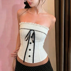 Cyflymder  French Sweet Spice Girl Summer Strapless Camisole Y2k Spliced Lace Edge Constrast Color Bow Tank Tops Punk Women Streetwear