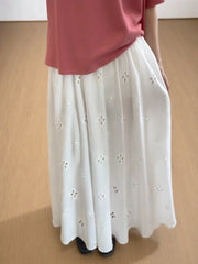 Cyflymder  New Style White Elegant Embroidered Hollow Floral Midi Long Skirt for Women, High Waist Dress