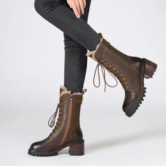 Cyflymder   Autumn Winter Fleece-Lined Lace-up Ladies Mid Calf Shoes Warm Round Toe Middle Heel Women's Half High Boots New in Footwear