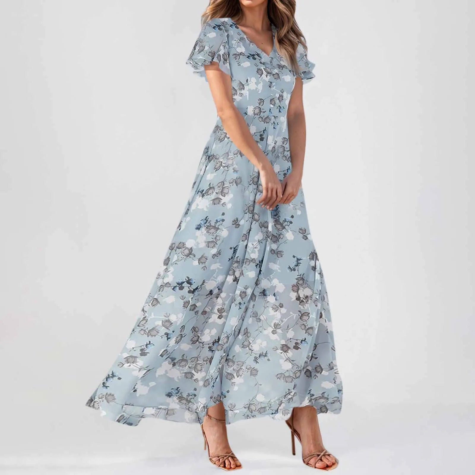 Cyflymder  Summer Beach Style Women'sFloral Dresses Casual Short Sleeve Maxi Long Shirts Floral Maxi Dresses Wedding Guest Flowing Dresses