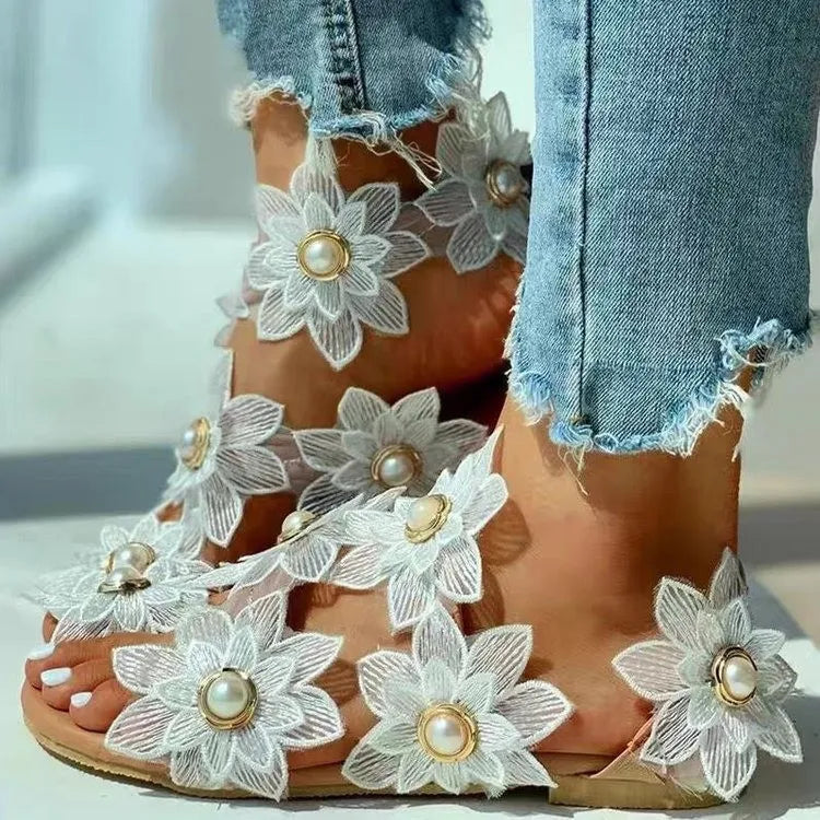 Cyflymder  Summer Women New Flat Sandals Fashion Pearl Decorate Sandals Women Casual Outdoors Trend Shoes
