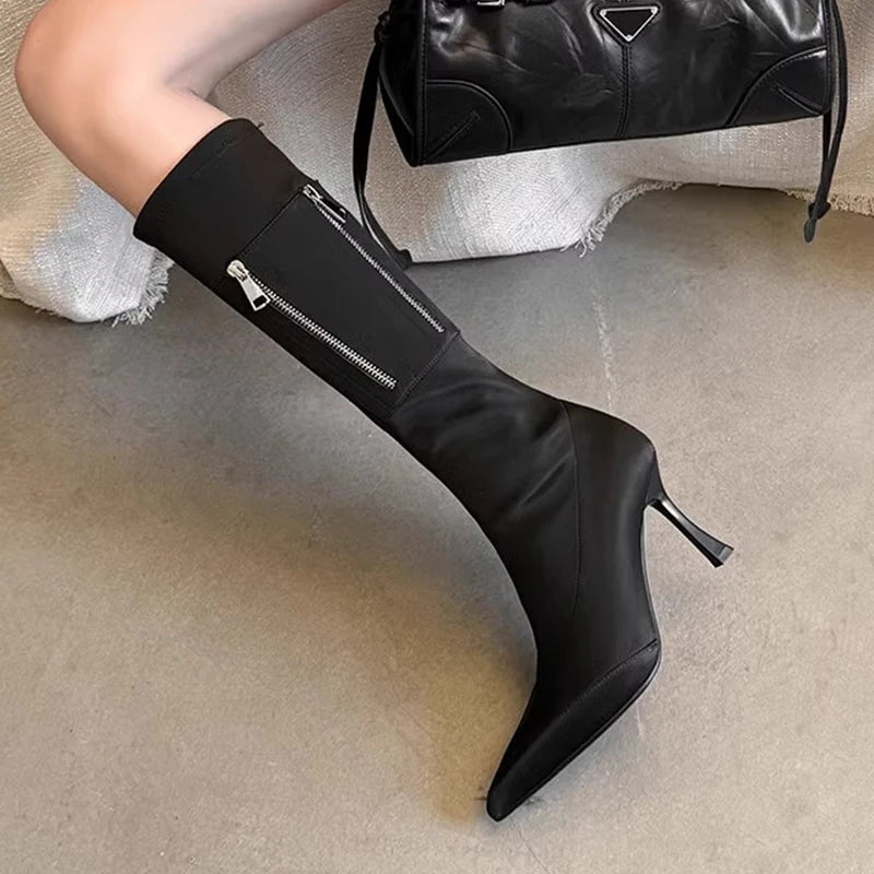 Cyflymder Womens Faux Suede Thin Heel Knee-High Boots Classic Black Zipper Point Toe Long Boots Winter Autumn Spike Heels Pumps