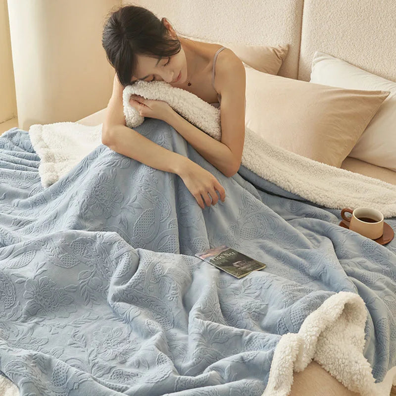 Cyflymder  European 3D Carved Milk Velvet Winter Blanket Thickened Lamb Wool Blanket for Living Room Sofa Soft Warm Nap Quilt for Office