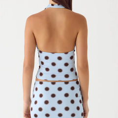 Cyflymder  Women Coquette 2 Piece Skirt Set Dot Print Ruched Tie Front Halter Neck Tank Tops + Bodycon Midi Skirt Y2k Outfits