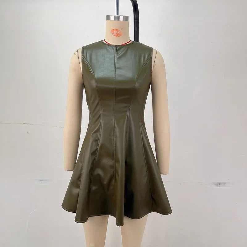 Cyflymder  Summer New round Ne Svel Waist Cinched A-Line  Skirt Vest Dr Cross-Border PU Material ort Dr Vest Dr
