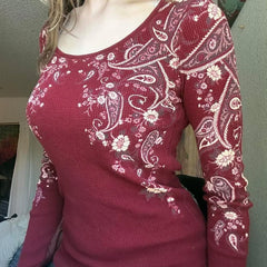 Cyflymder  Euramerican Fashion Constrast Color Flower Print O Neck Long Sleeve T Shirt Y2k Autumn Casual Basic Women Clothes Punk Clothes