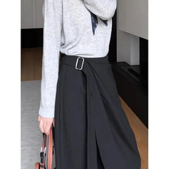Cyflymder  Fall Fashion Asymmetrical Lace Up Pants Women High Waist Divided Skirt Versatile Office Lady Trousers Black Wide Leg Pants 695A