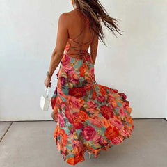 Cyflymder  Casual Sleeveless Backless Tie Up Dress Summer New Low Cut Pleated Evening Dress Fashion Hot Girl Irregular Floral Printed Dress