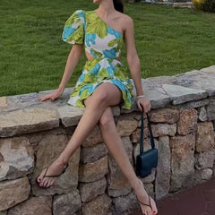 Cyflymder  Elegant Hight Waist Slim A-Line Dress Sexy Slanted Shoulder Short Sleeve Bohe Dress Women Fashion Floral Print Hollow Mini Dress