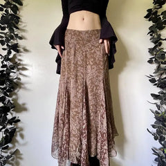 Cyflymder  Y2K Retro Print Skirt Women American Style Sheer Mesh Long Skirt, Asymmetrical Hem Low Waist High Slit Maxi Skirt