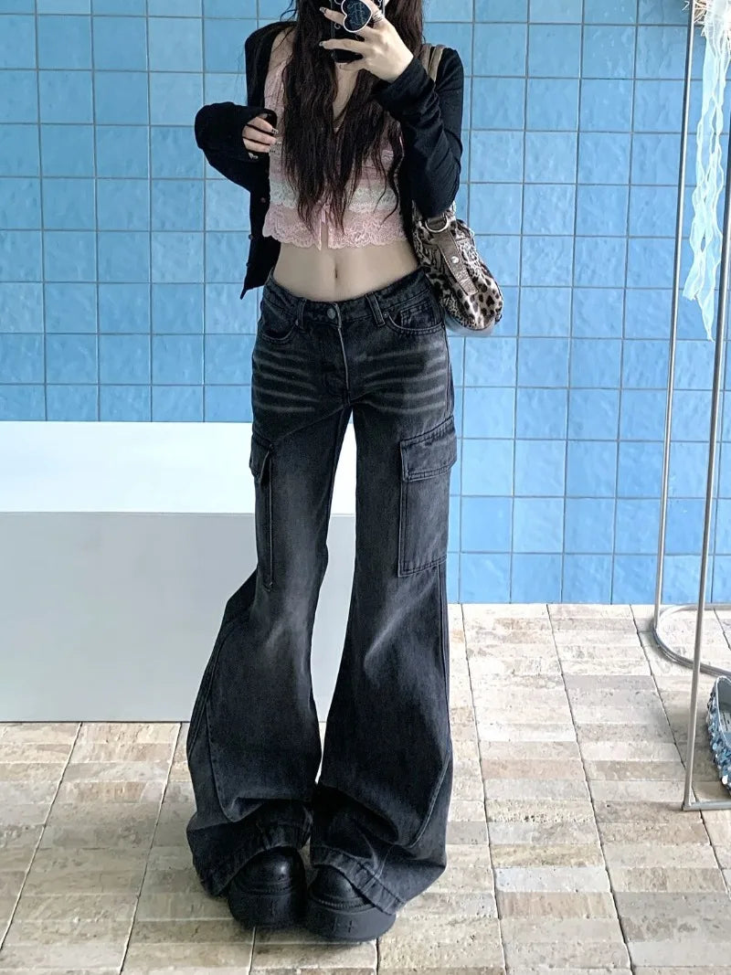 Cyflymder  High Street Retro Black and Gray Jeans Women's Pants Autumn Loose Wide-leg Pants Straight Flared Trousers Y2k Sweet Punk Pant
