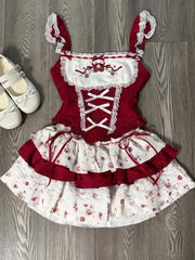 Cyflymder France Vintage Slim Square Neck Print 2 Piece Set Women Sweet Cute Lace Bow Patchwork Tops Female + High Waist Short Skirt