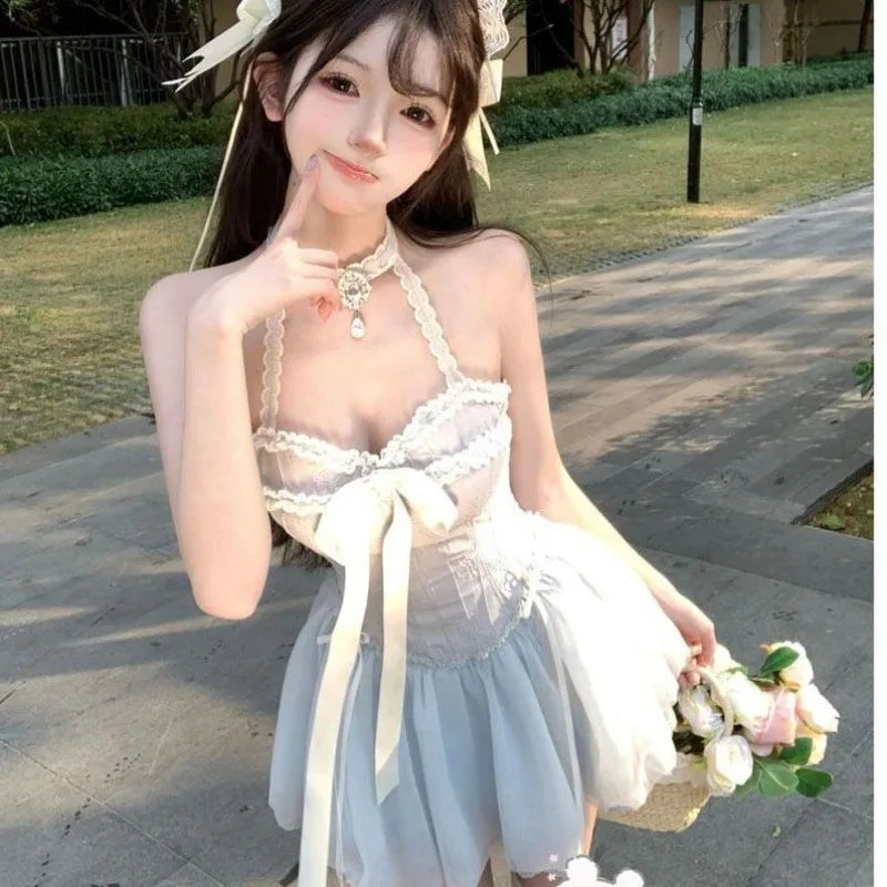 Cyflymder  Spring Summer Dress Women Sweet Kawaii Slim Mini Dress Y2k Fluffy Harajuku Sexy Dresses Off-shoulder Party Birthday Wedding Gown