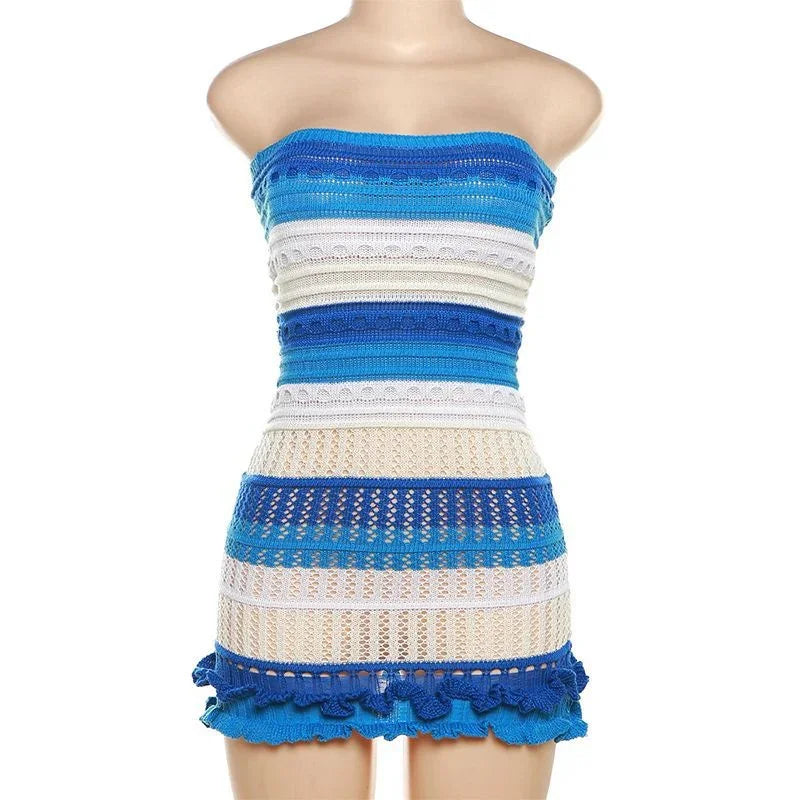Cyflymder  Striped Knitting Sheer Birthday Dress for Women Party Night Sleeveless Strapless Stretchy Slim Club Mini Short Dresses Vestidos