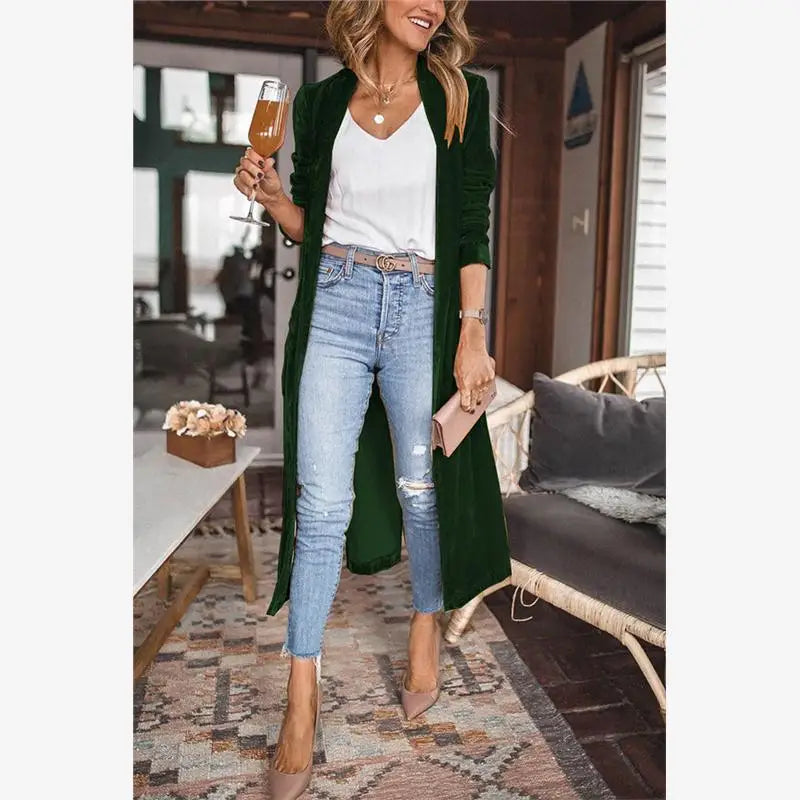 Cyflymder  Spring Autumn New Faion Loose Velvet Elastic Mid-Length Open Cardigan Coat Women's Versatile Straight Tube Polyester Fiber