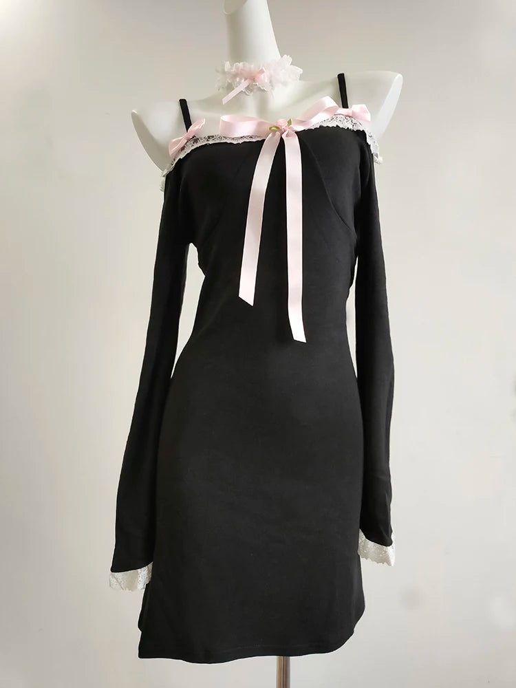 Cyflymder  Cute Dresses Women Summer Autumn Lace Trim Bows Decoration Slim Long Sleeve Black Dress for Sweet Girls Kawaii Clothes