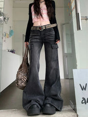 Cyflymder  High Street Retro Black and Gray Jeans Women's Pants Autumn Loose Wide-leg Pants Straight Flared Trousers Y2k Sweet Punk Pant