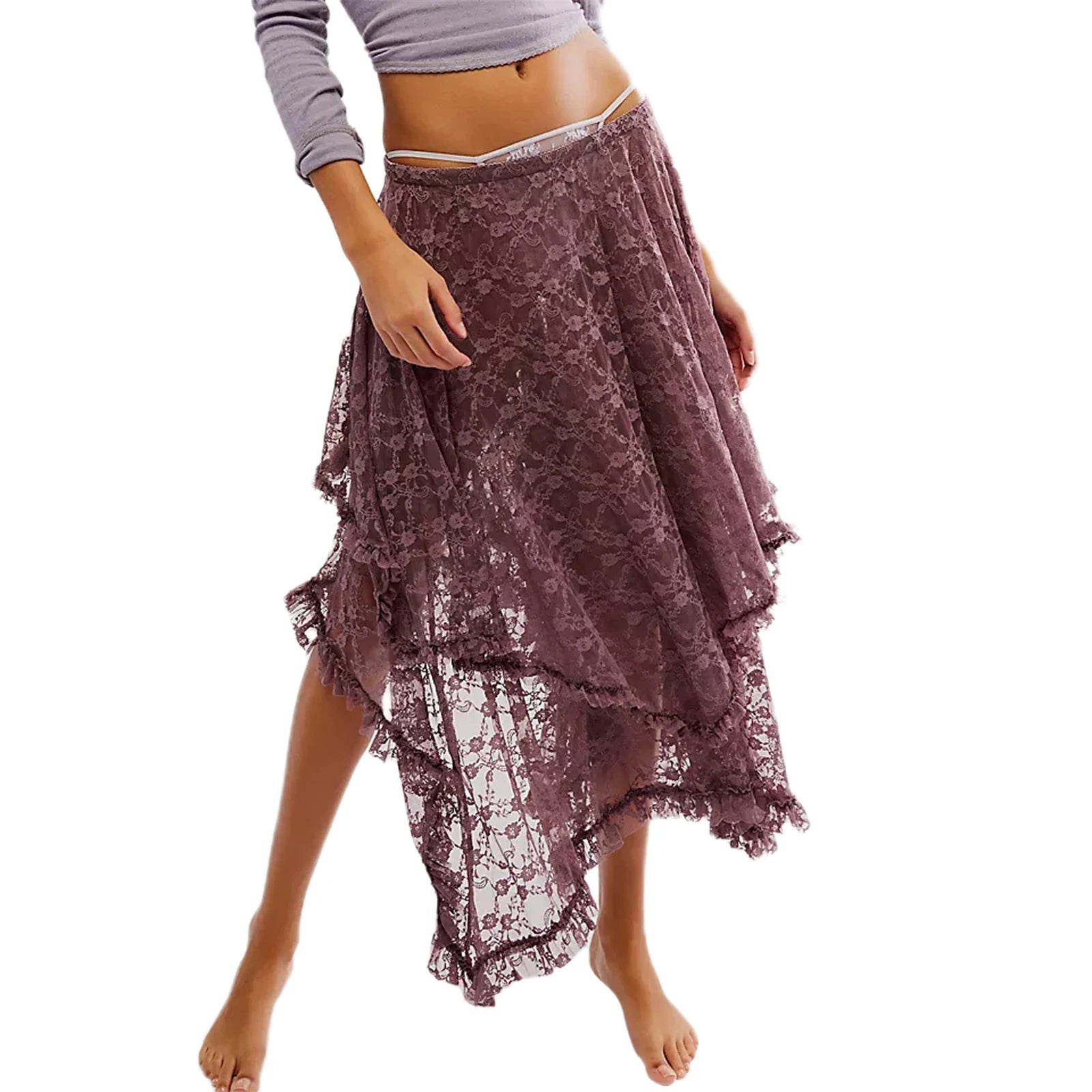Cyflymder  Women's Solid Color Midi Skirts Lace Elastic High Waist Skirts Spring Summer Sweet Irregular Hem Casual Skirts