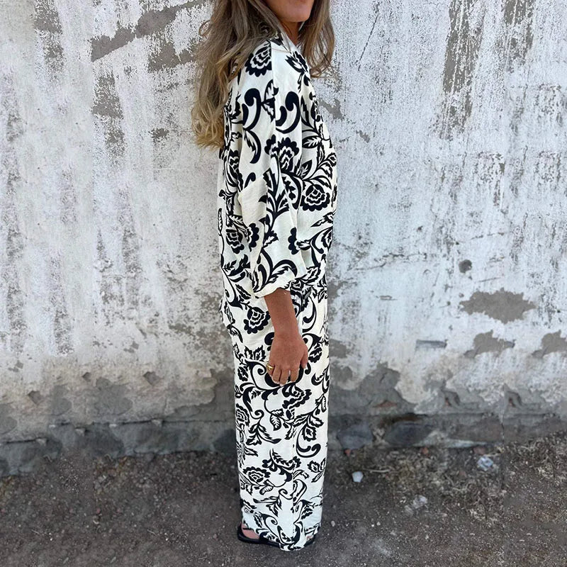 Cyflymder  Hot Sale Printed Women's Two Piece Sets Vintage Turndown Collar Long Sleeve Shirt Elastic High Waist Baggy Casual Pants
