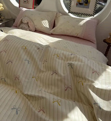 Cyflymder  Romantic sweet fairyfair lace bow plaid stripe pink bed set,full queen lovely cotton home textile sheet pillow case quilt cover