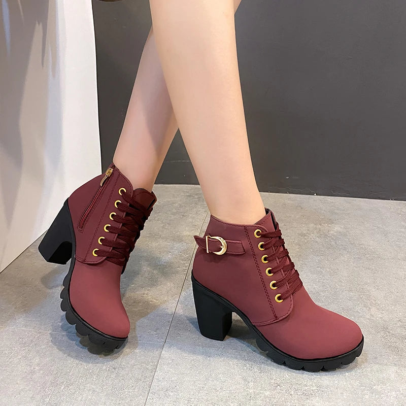 Cyflymder Boots Women Shoes Women Fashion High Heel Lace Up Ankle Boots Ladies Buckle Platform Artificial Leather Shoes bota feminina